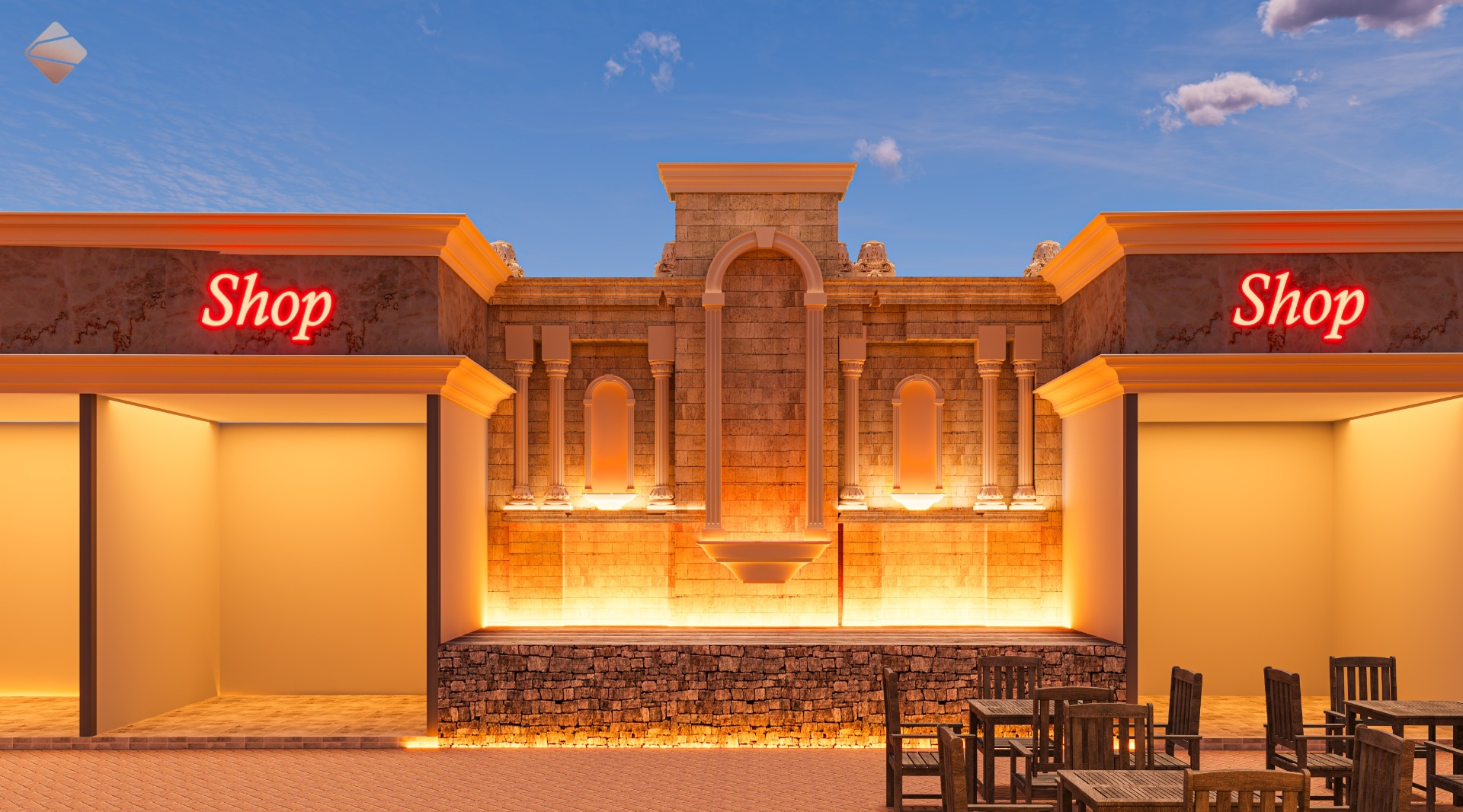 Turkey Pavilion — grand fountain façade with shops