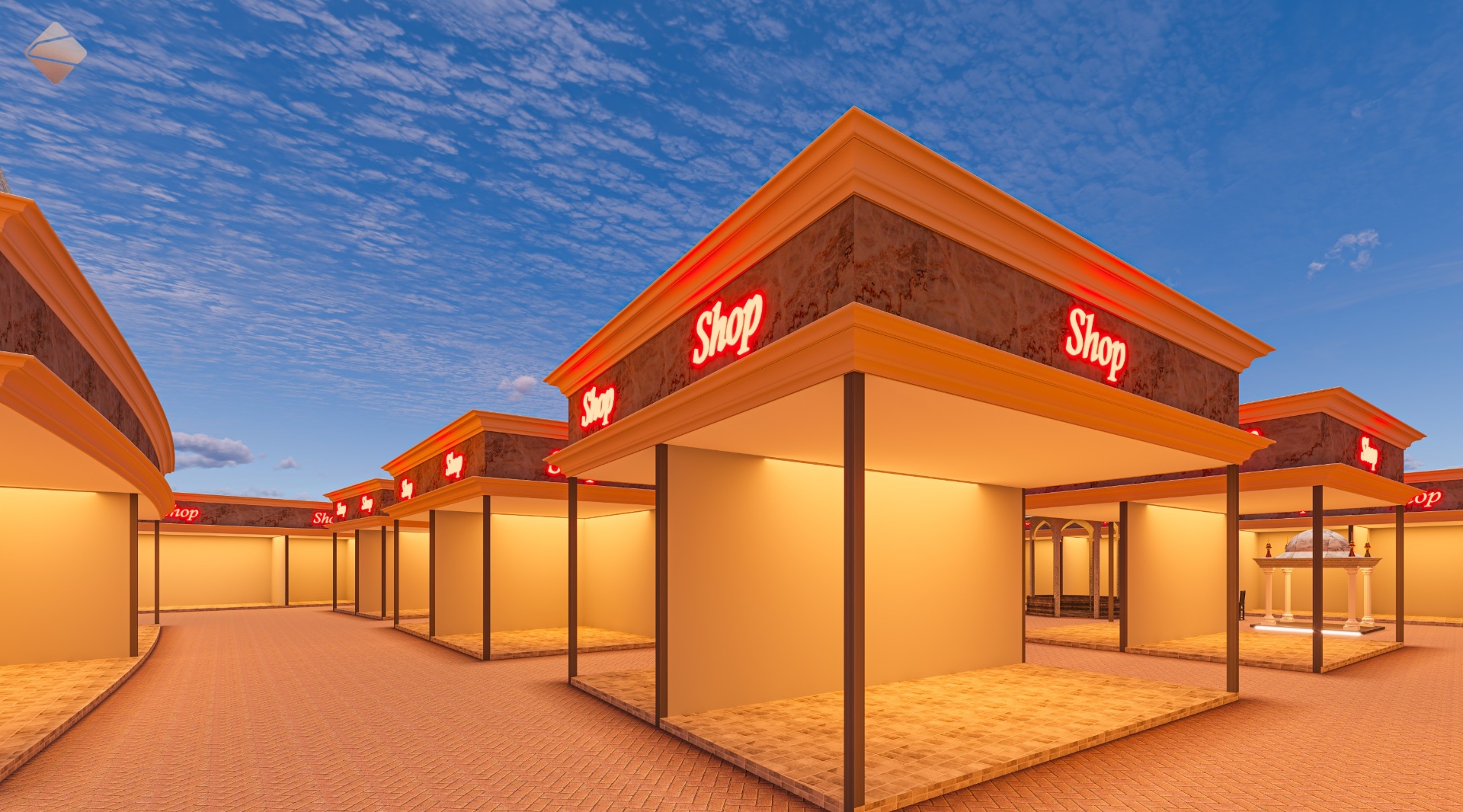 Turkey Pavilion — corner shop units at dusk